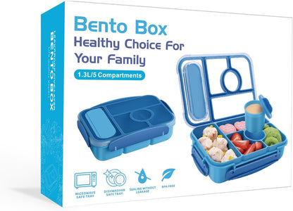 Bento Box Lunch Box Kids,Lunch Containers for Kids/Toddler,5 Compartments Bento Lunch Box for Kids with Sauce Vontainers,Microwave & Dishwasher & Freezer Safe,Bpa-Free(Blue)